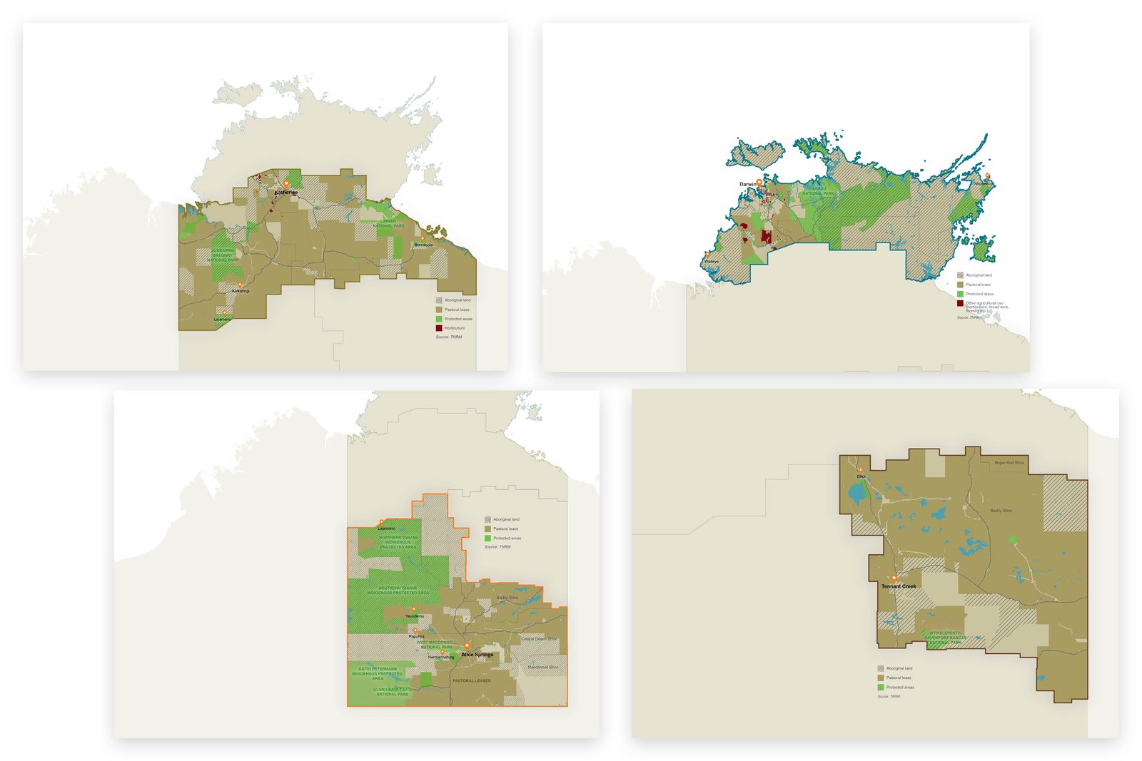 Maps developed for Territory Natural Resource Management showing the four regions